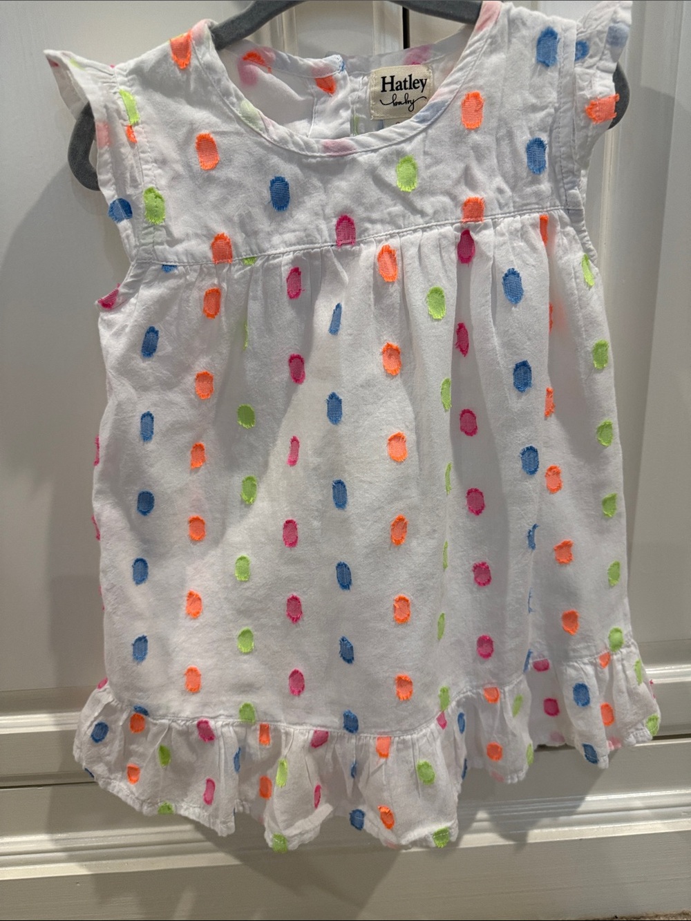 Hatley White Girls' Ruffled Sleeveless Dress with Neon Dot Embroidery